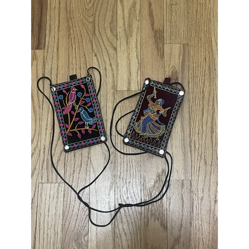 Rajasthani Embroidered Phone Purse Of A‎ Dancer / Tropical BirdsFloral 2pcs